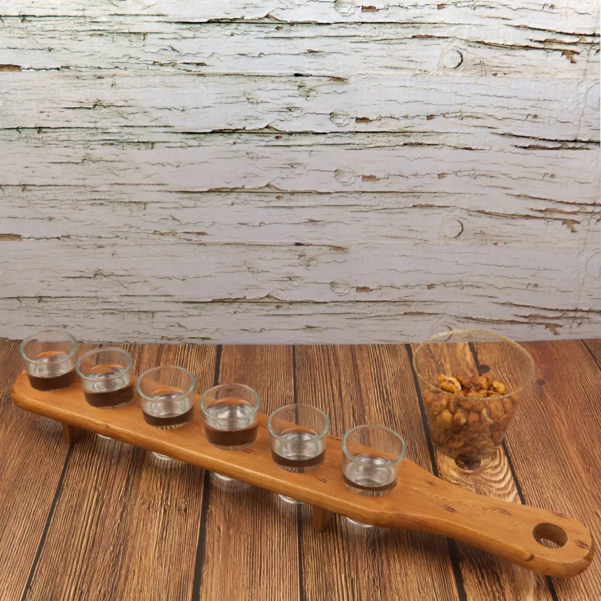 Wooden Shot Sampler Tray with Six Shot Glasses