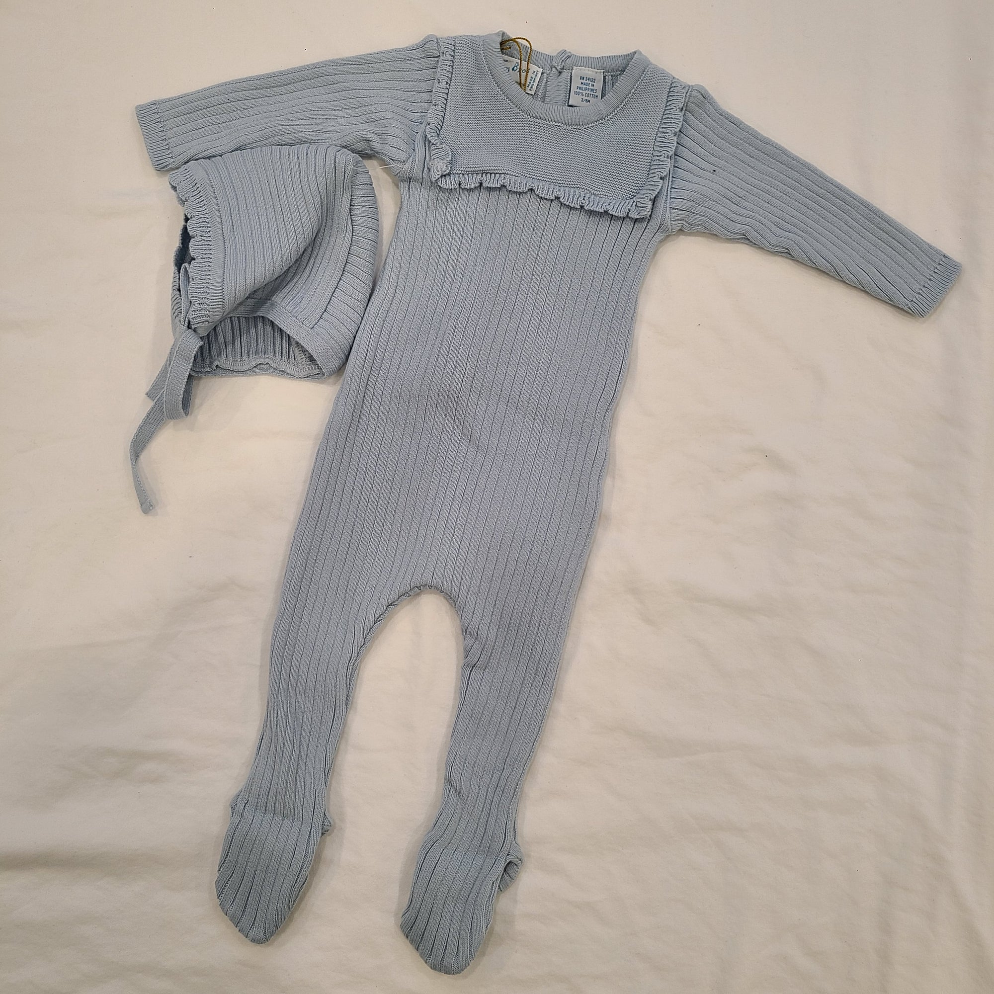 Feltman Brothers Scallop Trimmed Rib Knit Romper & Bonnet Powder Blue 3-6 Months