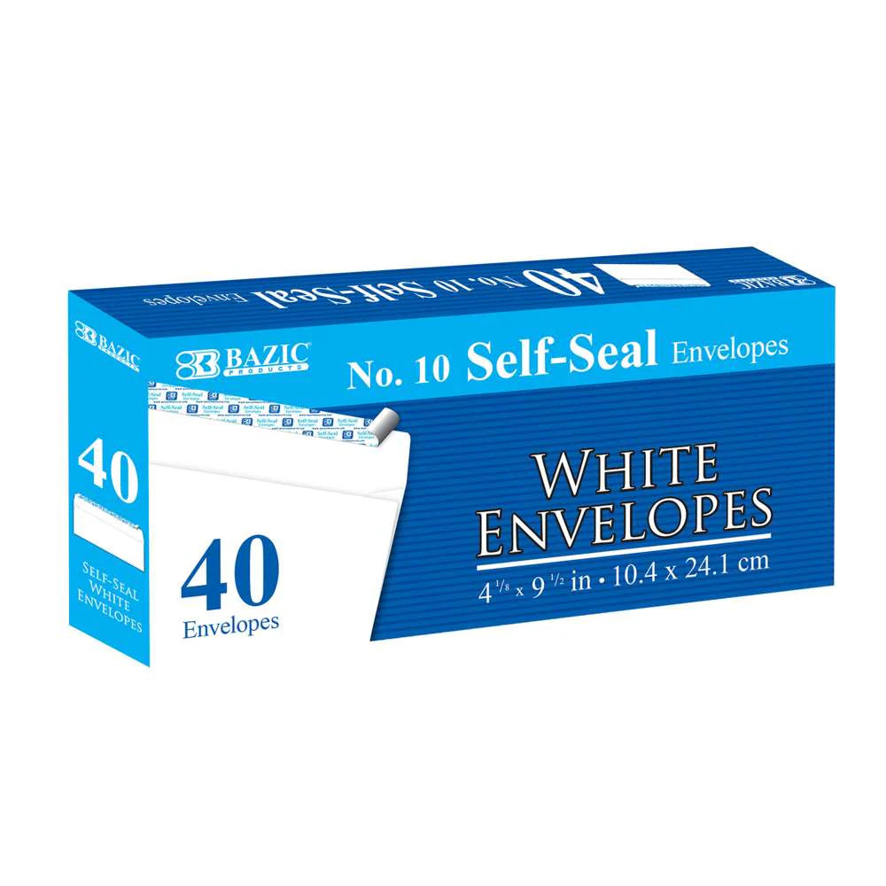 Bazic No10  Self Seal White Envelopes 40 pack 10.4x24.1 cm