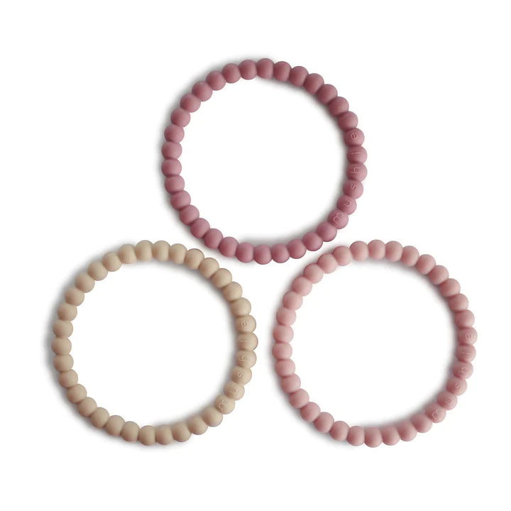 Mushie Pearl Teething Bracelet 3 pk (Linen, Peony, Pink)