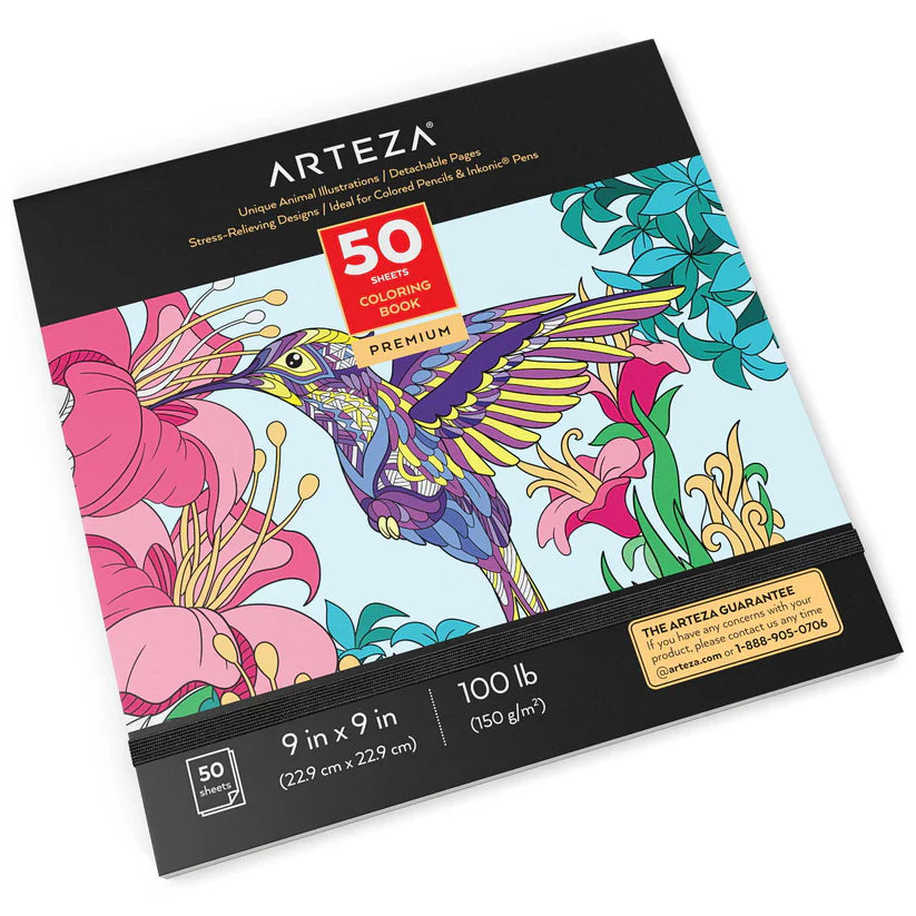 Arteza Premium Coloring Book  9x9" Unique Animal Illustrations 50pages