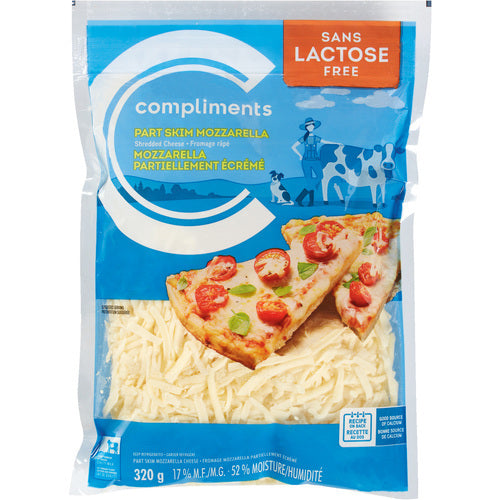 Compliments Lactose Free Part Skim Shredded Mozzarella Cheese  320g