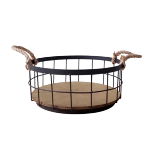 Round Iron & Wood Basket With Jute Handles 10"