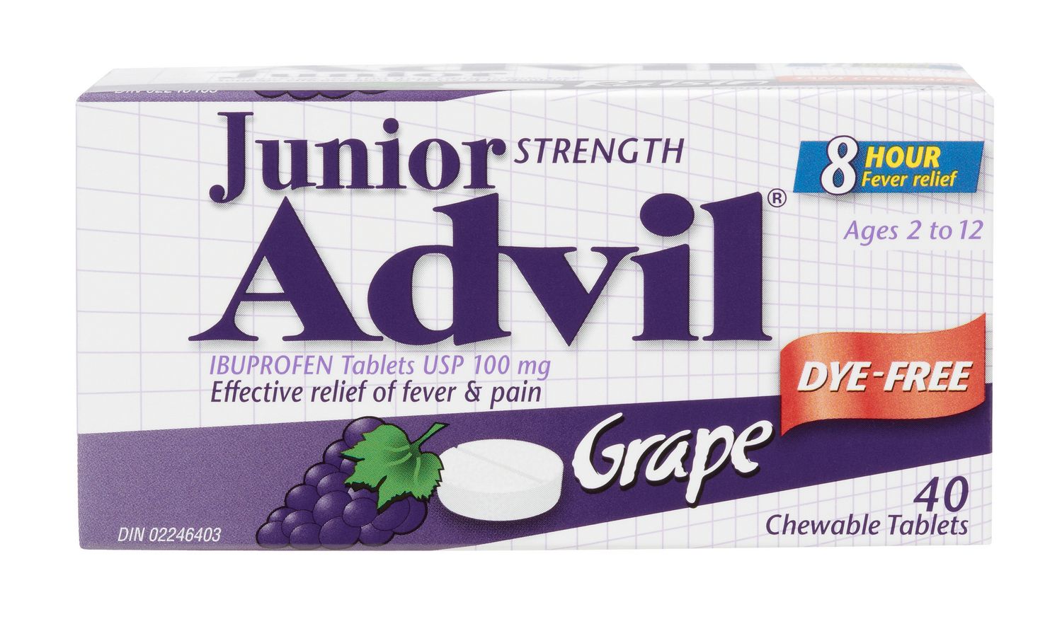 Junior Advil Grape Flavor Dye Free 40 Chewable Tablets