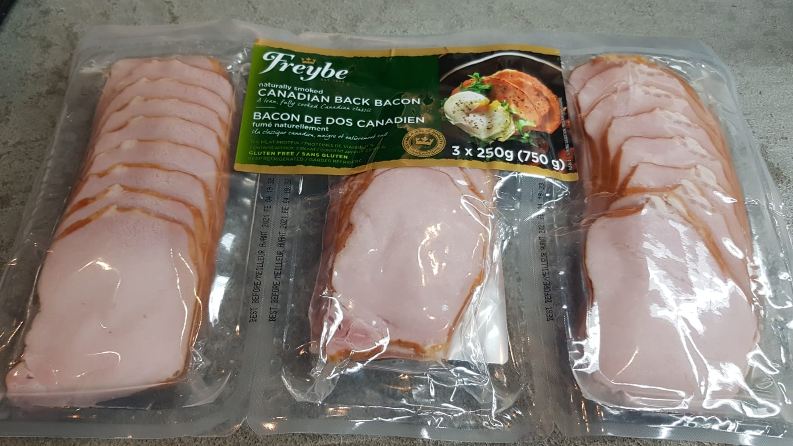 Freybe Sliced Canadian Back Bacon 3 x 250g