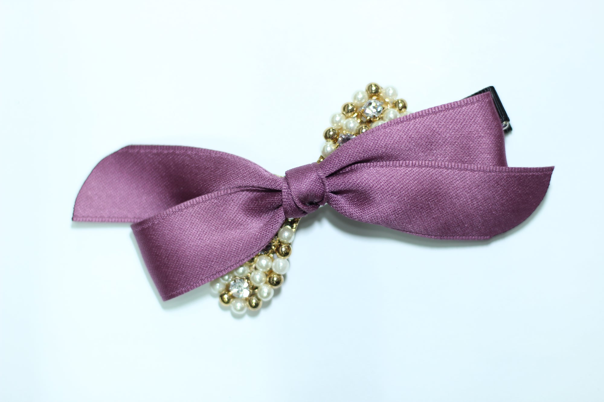 Clips/Pearl satin/ Beaded Swaorvski crystals Bow