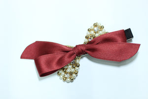 Clips/Pearl satin/ Beaded Swaorvski crystals Bow