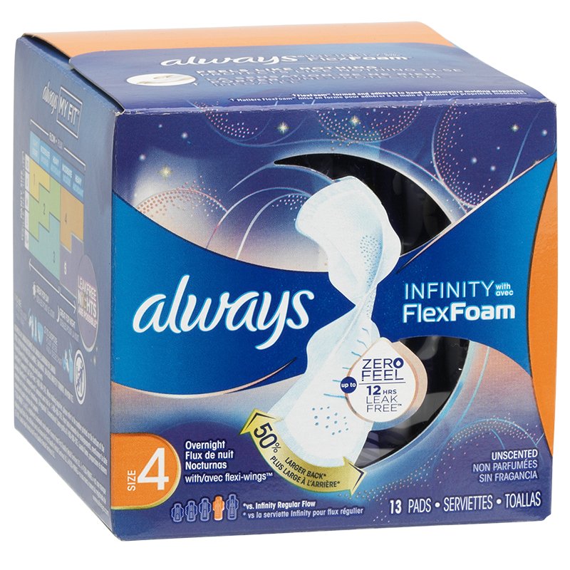 Always Infinity Flex Foam Overnight Pads Size 4 - 13ct