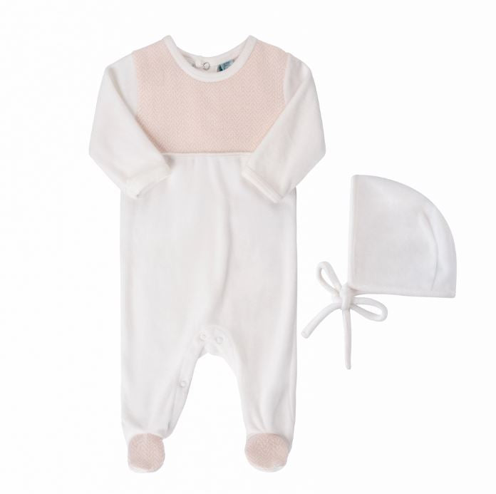 Feltman Bros, Blush Chevron Velour Romper w/Hat 6-9M