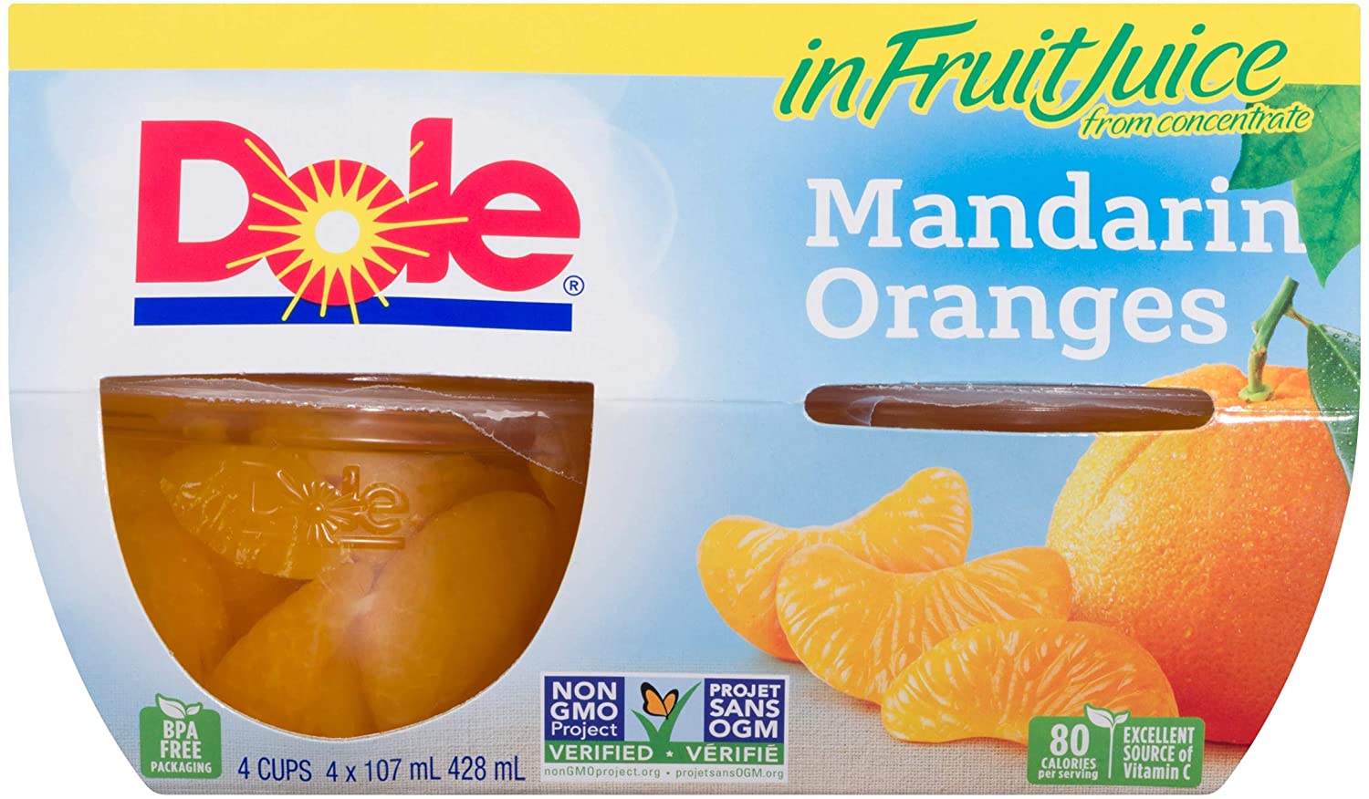 Dole Mandarin Oranges in Fruit Juice Cups 4  x 107ml