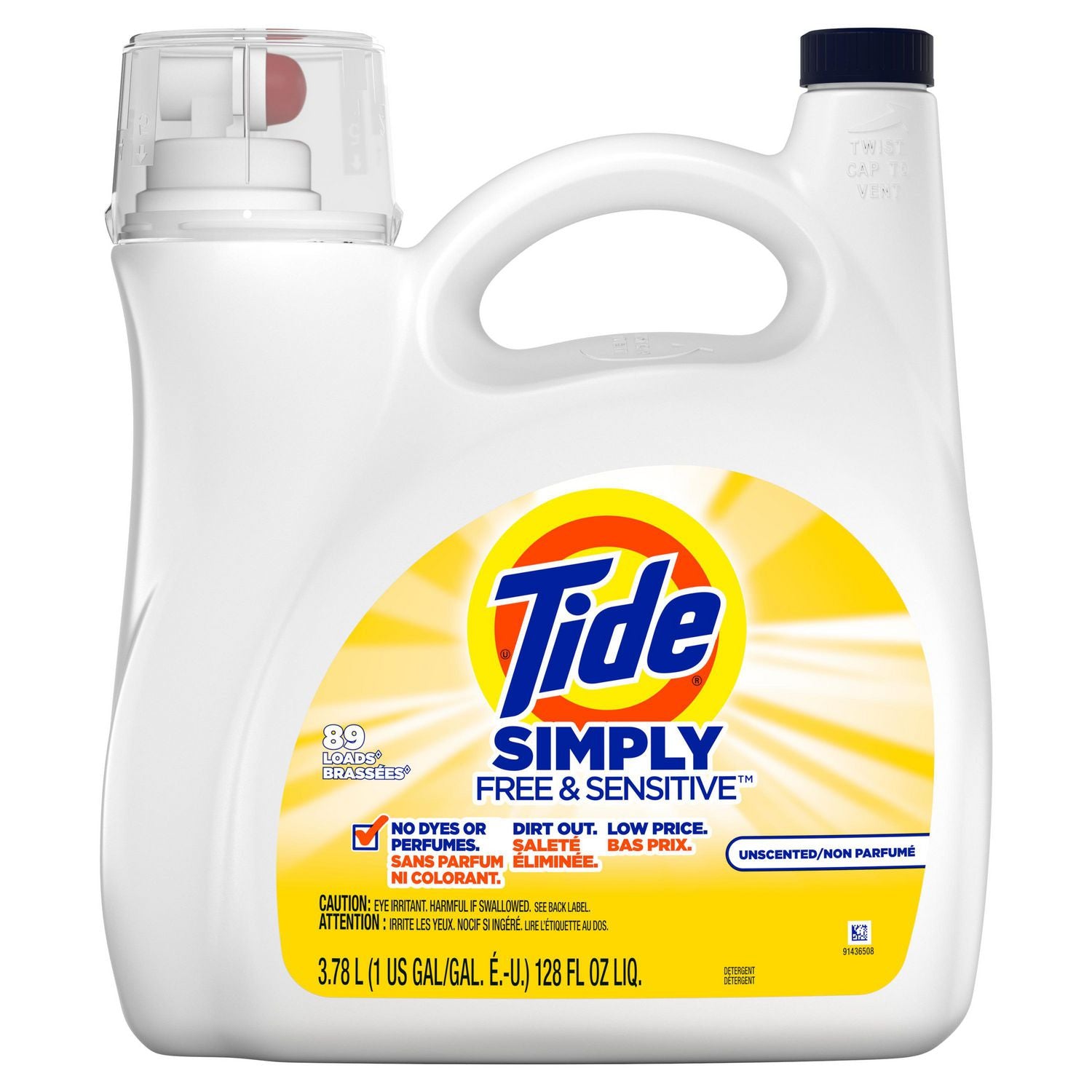 Tide Simply Free & Sensitive Unscented Liquid Laundry Detergent 3.78L