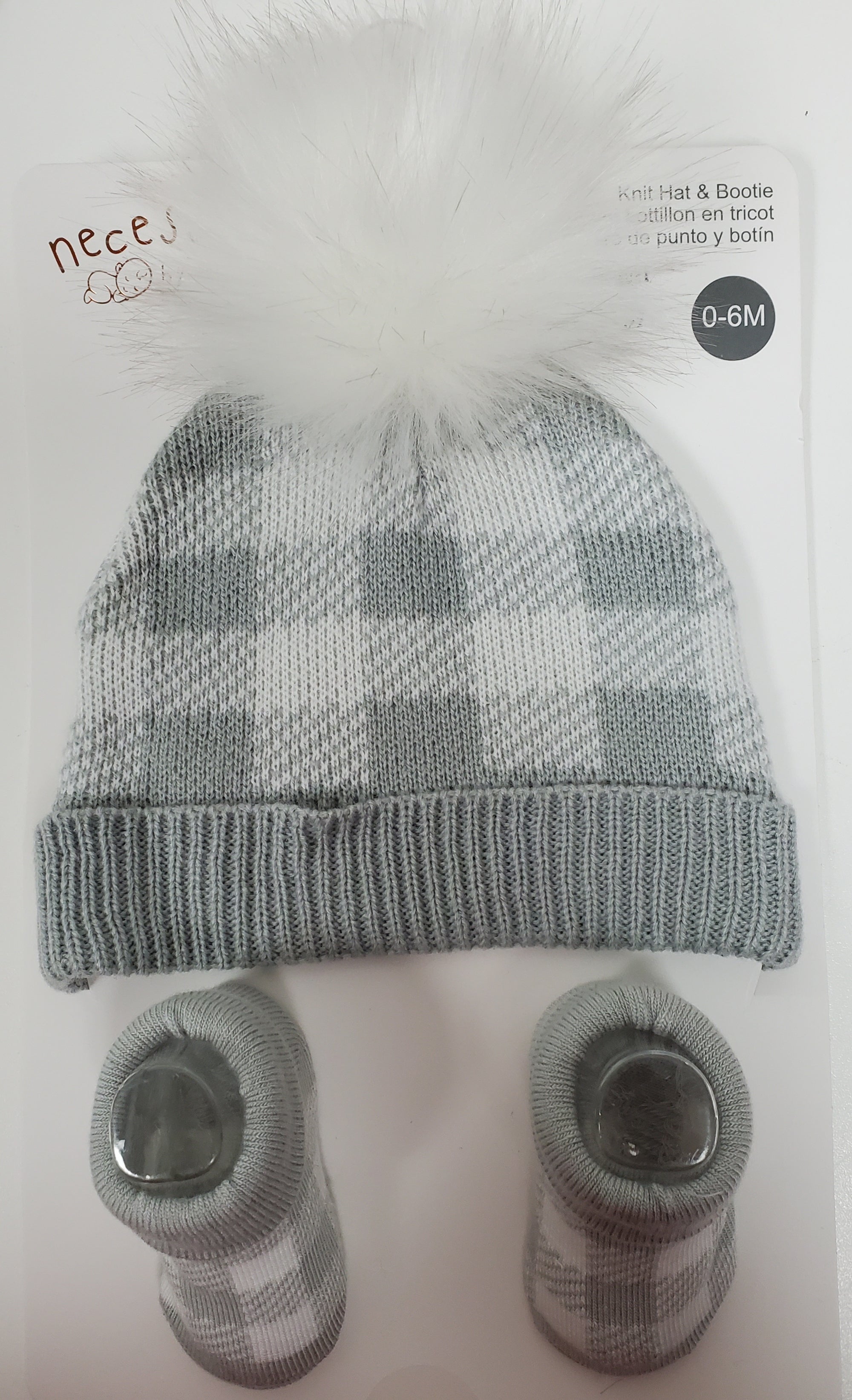 Necessities 0-6 Months Grey and White Plaid Knit Baby Hat & Bootie Set