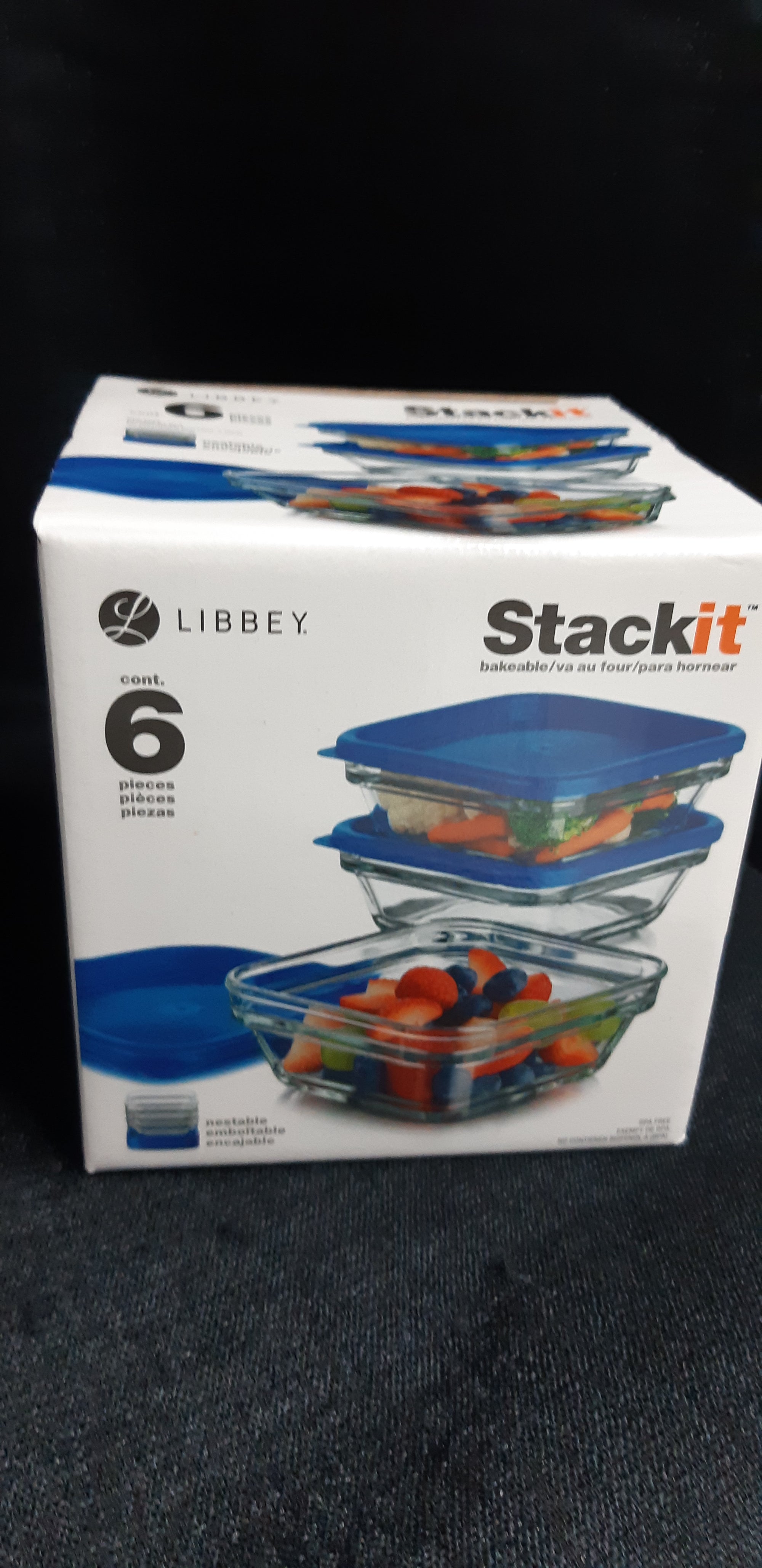 Stackit 6 Pk Glass Containers w/plastic lids Libbey