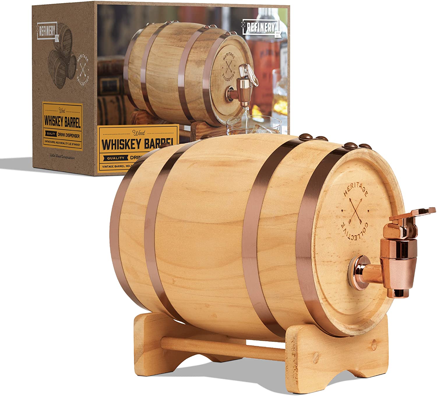 Polished Wood Whiskey Barrel Premium Spirits Dispenser 27fl oz